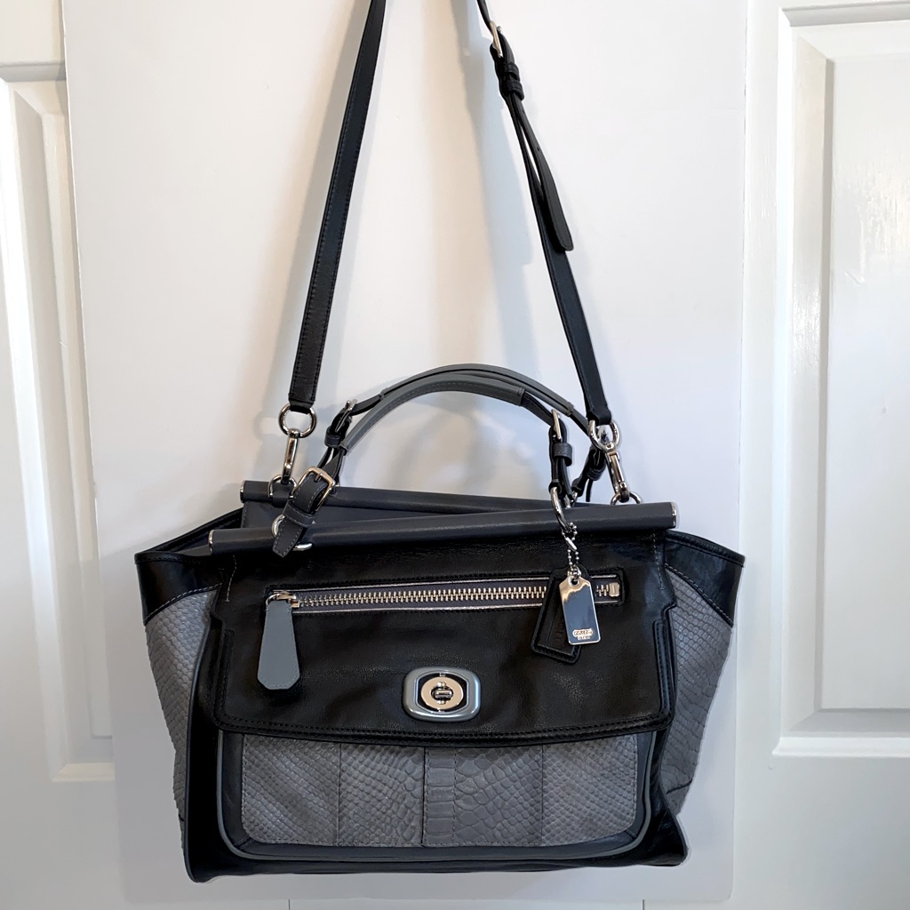 New With Tags, Coach Grey And Black Leather Handbag With Snakeskin Detail